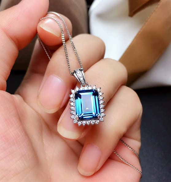 Natural Blue Topaz Jewelry Set, Engagement Ring, Blue Topaz Jewelry Set, Woman Pendant, Topaz Necklace, Luxury Pendant, Emerald Cut Stone | Save 33% - Rajasthan Living 16