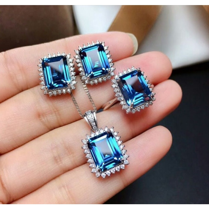 Natural Blue Topaz Jewelry Set, Engagement Ring, Blue Topaz Jewelry Set, Woman Pendant, Topaz Necklace, Luxury Pendant, Emerald Cut Stone | Save 33% - Rajasthan Living 6