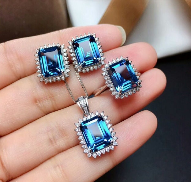 Natural Blue Topaz Jewelry Set, Engagement Ring, Blue Topaz Jewelry Set, Woman Pendant, Topaz Necklace, Luxury Pendant, Emerald Cut Stone | Save 33% - Rajasthan Living 14