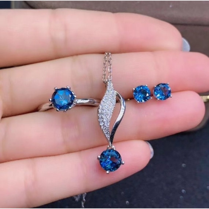 Natural Blue Topaz Jewelry Set, Engagement Ring, Blue Topaz Jewelry Set, Woman Pendant, Topaz Necklace, Luxury Pendant, Round Cut Stone | Save 33% - Rajasthan Living 9