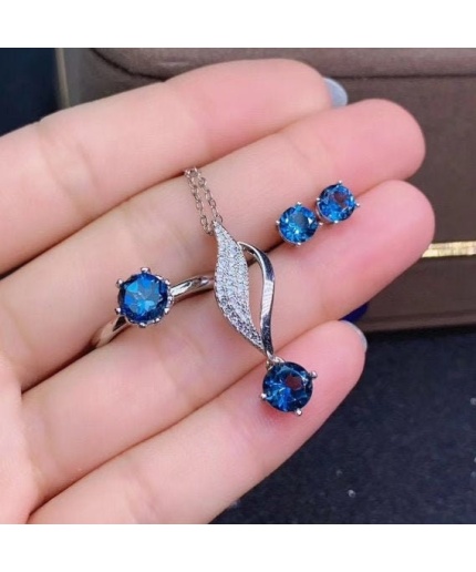 Natural Blue Topaz Jewelry Set, Engagement Ring, Blue Topaz Jewelry Set, Woman Pendant, Topaz Necklace, Luxury Pendant, Round Cut Stone | Save 33% - Rajasthan Living