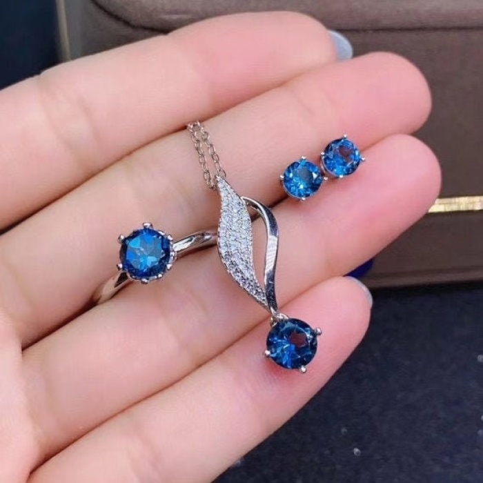 Natural Blue Topaz Jewelry Set, Engagement Ring, Blue Topaz Jewelry Set, Woman Pendant, Topaz Necklace, Luxury Pendant, Round Cut Stone | Save 33% - Rajasthan Living 5