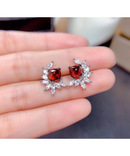 Natural Garnet Studs Earrings, 925 Sterling Silver, Garnet Studs Earrings, Earrings, Garnet Earrings, Luxury Earrings, Princess Cut Stone | Save 33% - Rajasthan Living
