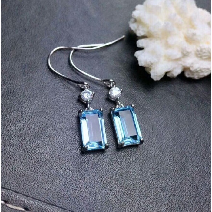 Natural Sky Blue Topaz Drop Earrings, 925 Sterling Silver, Studs Earrings, Blue Topaz Earrings, Luxury Earrings, Emerald Cut Stone Earrings | Save 33% - Rajasthan Living 8