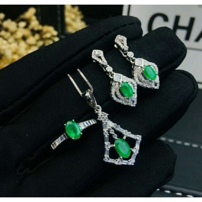 Natural Emerald Jewelry Set, Engagement Ring, Emerald Silver Pendent, Woman Earring Pendant Necklace, Luxury Pendent, Oval Cut Stone Pendent | Save 33% - Rajasthan Living 9