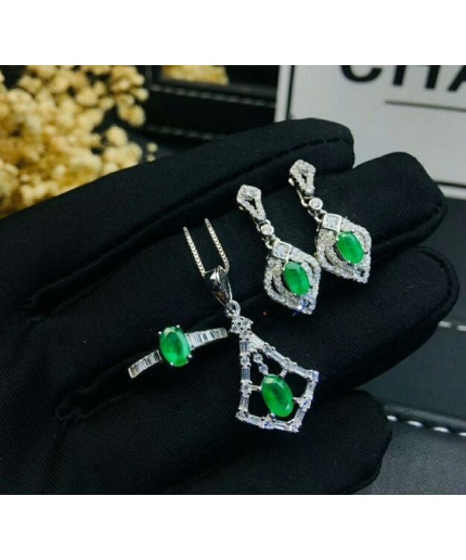 Natural Emerald Jewelry Set, Engagement Ring, Emerald Silver Pendent, Woman Earring Pendant Necklace, Luxury Pendent, Oval Cut Stone Pendent | Save 33% - Rajasthan Living