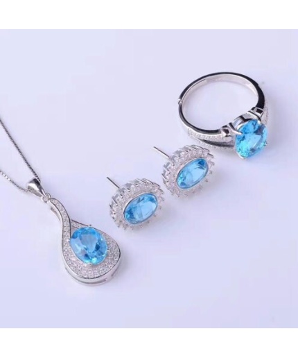 Natural Blue Topaz Jewelry Set, Engagement Ring, Blue Topaz Jewelry Set, Woman Pendant, Topaz Necklace, Luxury Pendent, Oval Cut Stone | Save 33% - Rajasthan Living 3