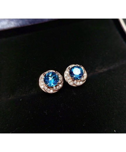 Natural Blue Topaz Stud Earrings, 925 Sterling Silver, Stud Earrings, Blue Topaz Earrings, Luxury Earrings, Round Cut Stone Earrings | Save 33% - Rajasthan Living 3