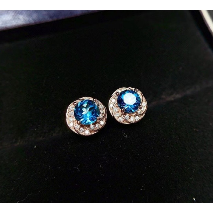 Natural Blue Topaz Stud Earrings, 925 Sterling Silver, Stud Earrings, Blue Topaz Earrings, Luxury Earrings, Round Cut Stone Earrings | Save 33% - Rajasthan Living 6