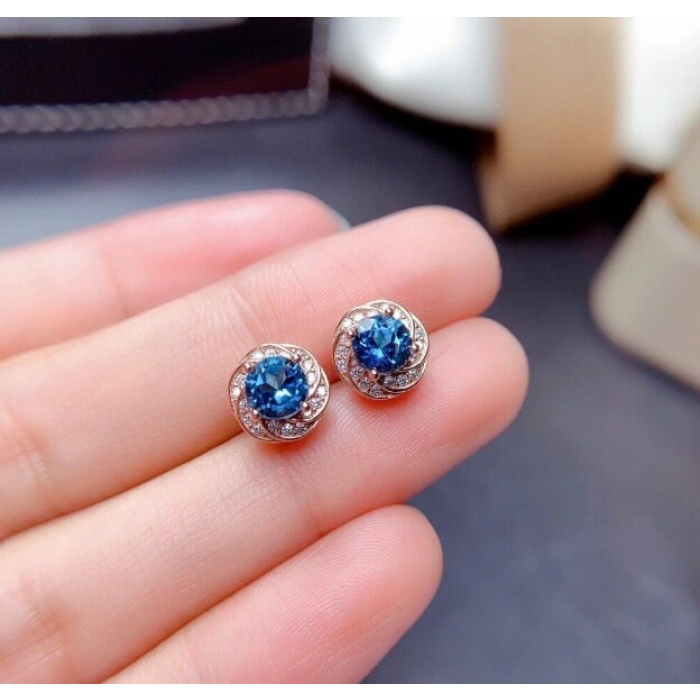 Natural Blue Topaz Stud Earrings, 925 Sterling Silver, Stud Earrings, Blue Topaz Earrings, Luxury Earrings, Round Cut Stone Earrings | Save 33% - Rajasthan Living 8