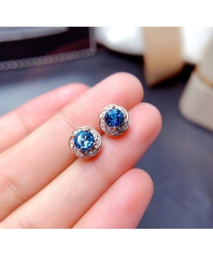 Natural Blue Topaz Stud Earrings, 925 Sterling Silver, Stud Earrings, Blue Topaz Earrings, Luxury Earrings, Round Cut Stone Earrings | Save 33% - Rajasthan Living