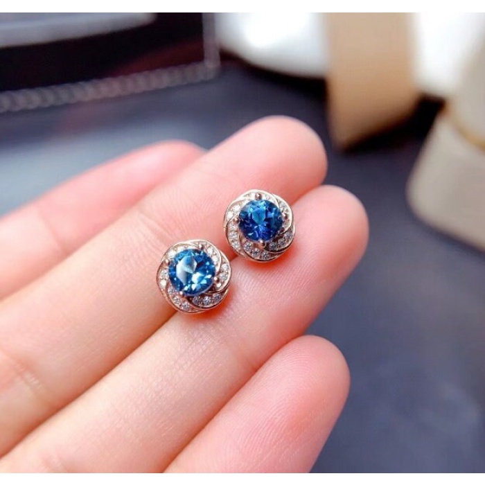 Natural Blue Topaz Stud Earrings, 925 Sterling Silver, Stud Earrings, Blue Topaz Earrings, Luxury Earrings, Round Cut Stone Earrings | Save 33% - Rajasthan Living 5