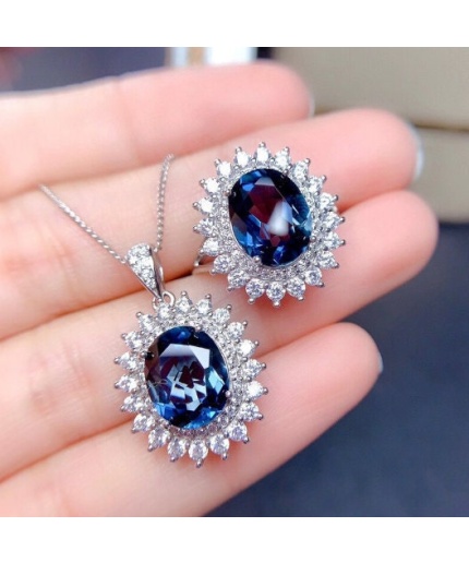 Natural Blue Topaz Jewelry Set, Engagement Ring, Blue Topaz Jewelry Set, Woman Pendant, Topaz Necklace, Luxury Pendent, Oval Cut Stone | Save 33% - Rajasthan Living
