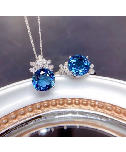 Natural Blue Topaz Jewelry Set, Engagement Ring, Blue Topaz Jewelry Set, Woman Pendant, Topaz Necklace, Luxury Pendent, Round Cut Stone | Save 33% - Rajasthan Living 3