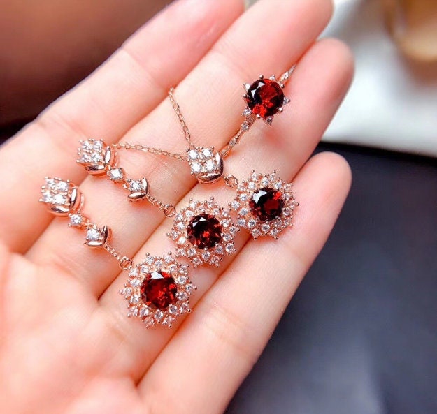 Natural Red Garnet Jewelry Set, Engagement Ring, Red Garnet Jewellery Set, Woman Pendant, Garnet Necklace, Luxury Pendent, Round Cut Stone | Save 33% - Rajasthan Living 15