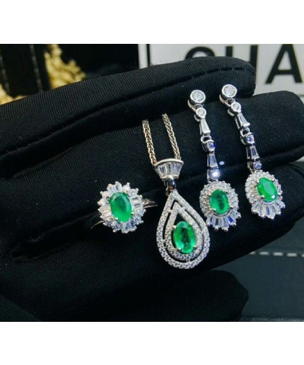 Natural Emerald Jewelry Set, Engagement Ring, Emerald Silver Pendent, Woman Earring Pendant Necklace, Luxury Pendent, Oval Cut Stone Pendent | Save 33% - Rajasthan Living