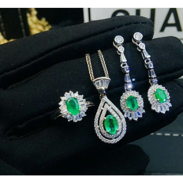 Natural Emerald Jewelry Set, Engagement Ring, Emerald Silver Pendent, Woman Earring Pendant Necklace, Luxury Pendent, Oval Cut Stone Pendent | Save 33% - Rajasthan Living 5