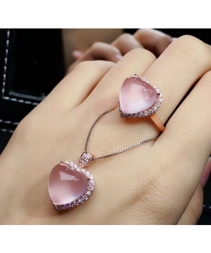 Natural Rose Quartz Jewelry Set, Engagement Ring, Rose Quartz Silver Pendent, Woman Pendant, Pendant Necklace, Luxury Ring, Heart Cabochon | Save 33% - Rajasthan Living 7