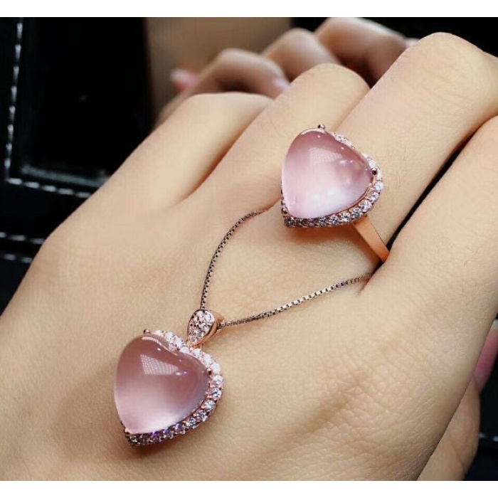 Natural Rose Quartz Jewelry Set, Engagement Ring, Rose Quartz Silver Pendent, Woman Pendant, Pendant Necklace, Luxury Ring, Heart Cabochon | Save 33% - Rajasthan Living 6