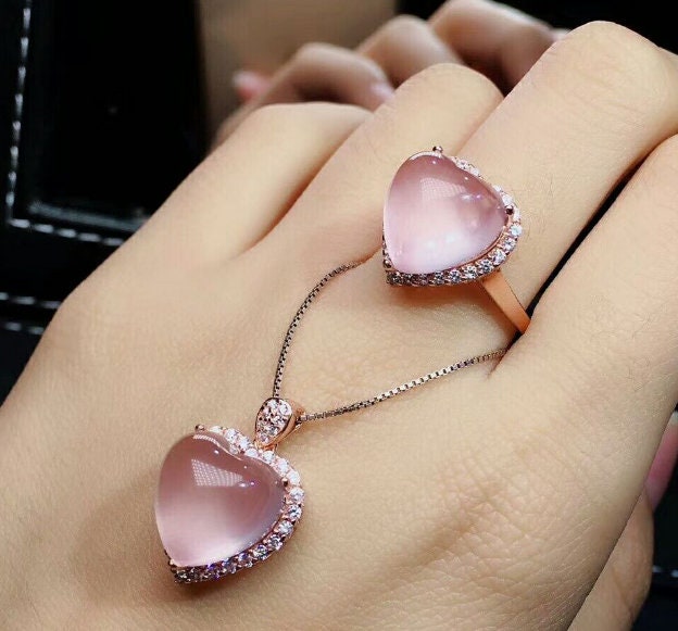Natural Rose Quartz Jewelry Set, Engagement Ring, Rose Quartz Silver Pendent, Woman Pendant, Pendant Necklace, Luxury Ring, Heart Cabochon | Save 33% - Rajasthan Living 12
