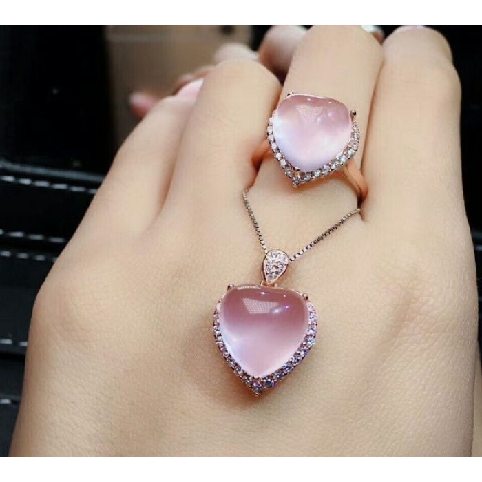 Natural Rose Quartz Jewelry Set, Engagement Ring, Rose Quartz Silver Pendent, Woman Pendant, Pendant Necklace, Luxury Ring, Heart Cabochon | Save 33% - Rajasthan Living 10