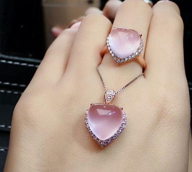 Natural Rose Quartz Jewelry Set, Engagement Ring, Rose Quartz Silver Pendent, Woman Pendant, Pendant Necklace, Luxury Ring, Heart Cabochon | Save 33% - Rajasthan Living 16