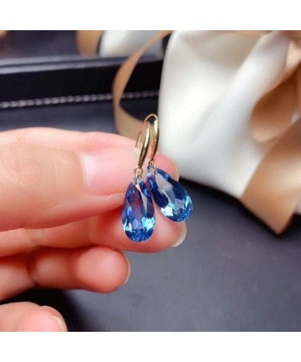 Natural Blue Topaz Drop Earrings, 925 Sterling Silver Earrings, Drop Earrings, Blue Topaz Earrings, Luxury Earrings, Pear Cut Stone Earrings | Save 33% - Rajasthan Living
