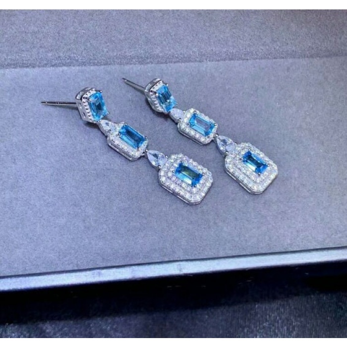 Natural Blue Topaz Drop Earrings, 925 Sterling silver, Drop Earrings, Blue Topaz Earrings, Luxury Earrings, Emerald Cut Stone Earrings | Save 33% - Rajasthan Living 8