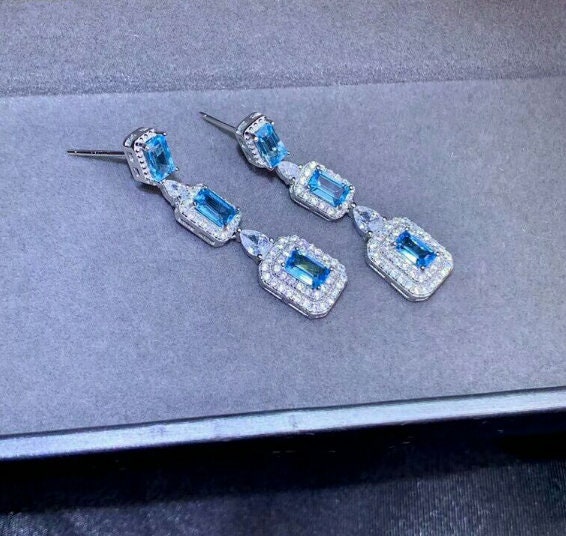 Natural Blue Topaz Drop Earrings, 925 Sterling silver, Drop Earrings, Blue Topaz Earrings, Luxury Earrings, Emerald Cut Stone Earrings | Save 33% - Rajasthan Living 12