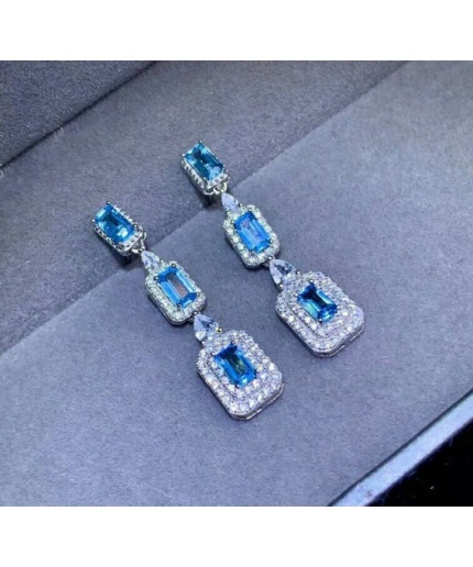 Natural Blue Topaz Drop Earrings, 925 Sterling silver, Drop Earrings, Blue Topaz Earrings, Luxury Earrings, Emerald Cut Stone Earrings | Save 33% - Rajasthan Living 3
