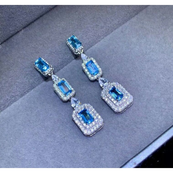 Natural Blue Topaz Drop Earrings, 925 Sterling silver, Drop Earrings, Blue Topaz Earrings, Luxury Earrings, Emerald Cut Stone Earrings | Save 33% - Rajasthan Living 7