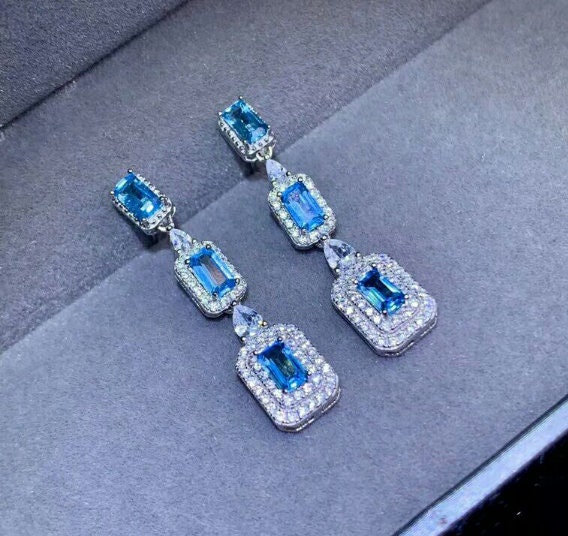 Natural Blue Topaz Drop Earrings, 925 Sterling silver, Drop Earrings, Blue Topaz Earrings, Luxury Earrings, Emerald Cut Stone Earrings | Save 33% - Rajasthan Living 11