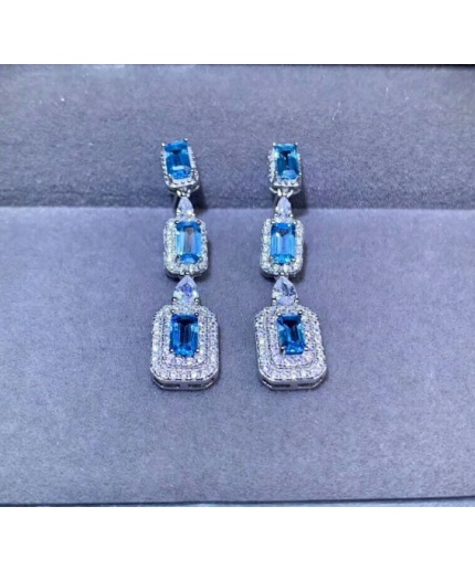 Natural Blue Topaz Drop Earrings, 925 Sterling silver, Drop Earrings, Blue Topaz Earrings, Luxury Earrings, Emerald Cut Stone Earrings | Save 33% - Rajasthan Living