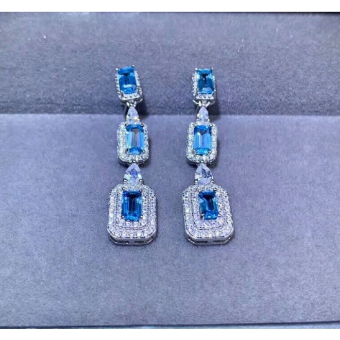 Natural Blue Topaz Drop Earrings, 925 Sterling silver, Drop Earrings, Blue Topaz Earrings, Luxury Earrings, Emerald Cut Stone Earrings | Save 33% - Rajasthan Living 6