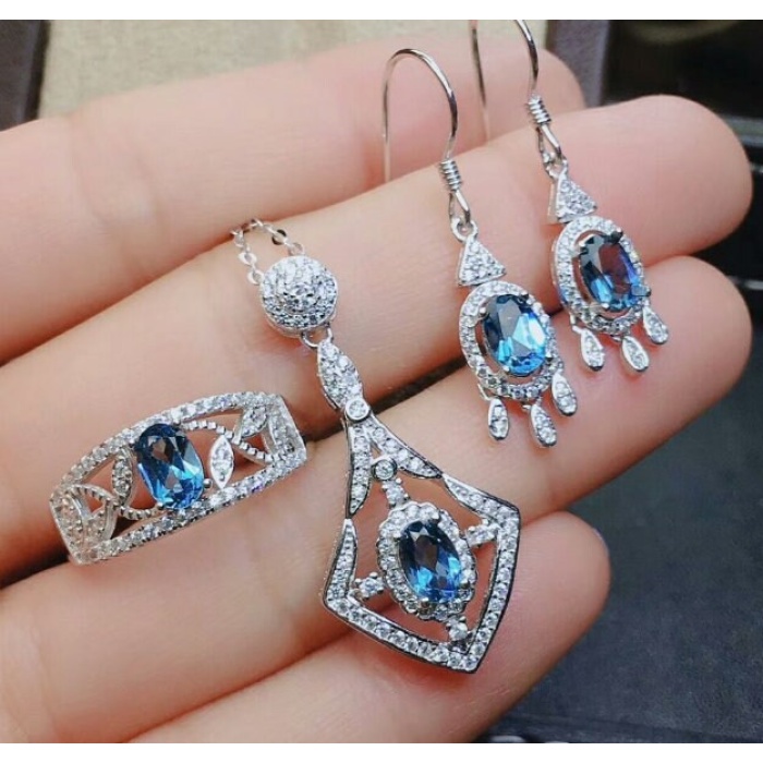 Natural Blue Topaz Jewelry Set, Engagement Ring, Blue Topaz Jewelry Set, Woman Pendant, Topaz Necklace, Luxury Pendant, Oval Cut Stone | Save 33% - Rajasthan Living 10