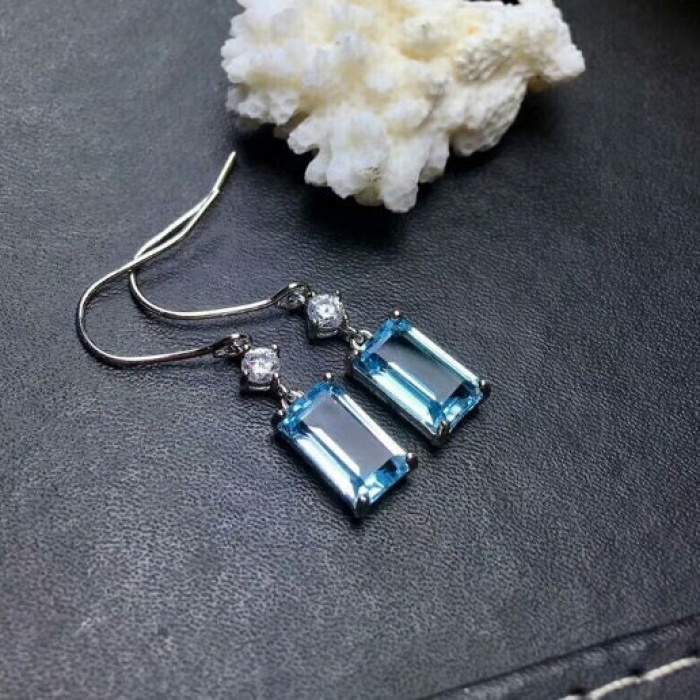 Natural Sky Blue Topaz Drop Earrings, 925 Sterling Silver, Studs Earrings, Blue Topaz Earrings, Luxury Earrings, Emerald Cut Stone Earrings | Save 33% - Rajasthan Living 5