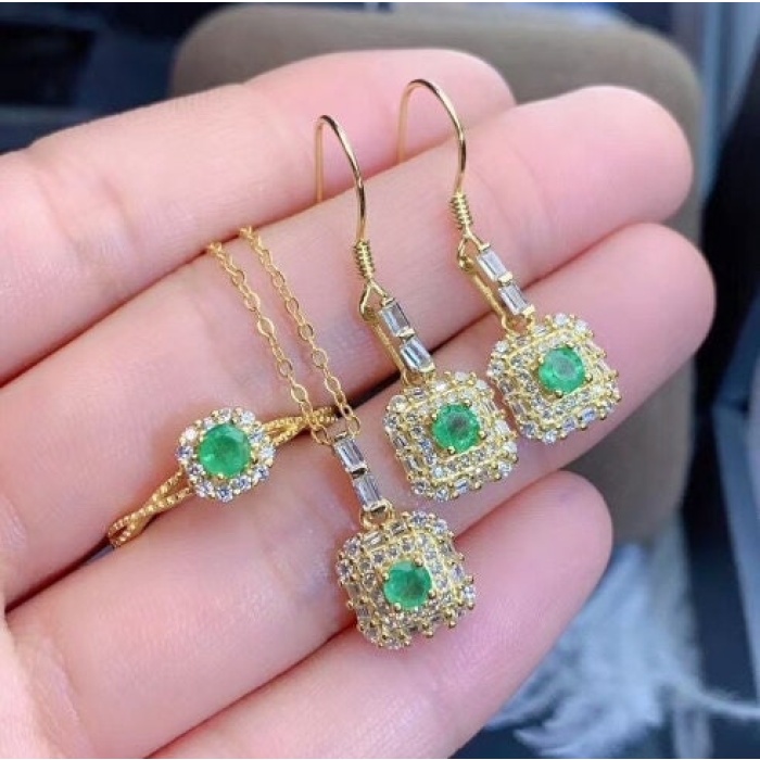 Natural Emerald Jewelry Set, Engagement Ring, Emerald Silver Pendent, Woman Earring Pendant Necklace Luxury Pendent, Round Cut Stone Pendent | Save 33% - Rajasthan Living 9