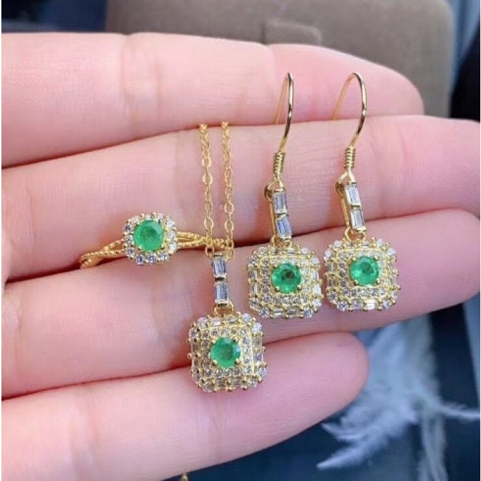 Natural Emerald Jewelry Set, Engagement Ring, Emerald Silver Pendent, Woman Earring Pendant Necklace Luxury Pendent, Round Cut Stone Pendent | Save 33% - Rajasthan Living 5