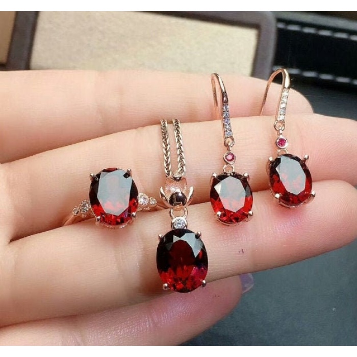 Natural Red Garnet Jewelry Set, Engagement Ring, Red Garnet Jewellery Set, Woman Pendant, Garnet Necklace, Luxury Pendent, Oval Cut Stone | Save 33% - Rajasthan Living 6