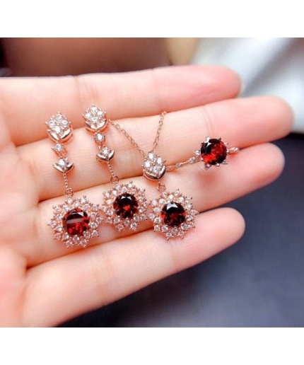 Natural Red Garnet Jewelry Set, Engagement Ring, Red Garnet Jewellery Set, Woman Pendant, Garnet Necklace, Luxury Pendent, Round Cut Stone | Save 33% - Rajasthan Living