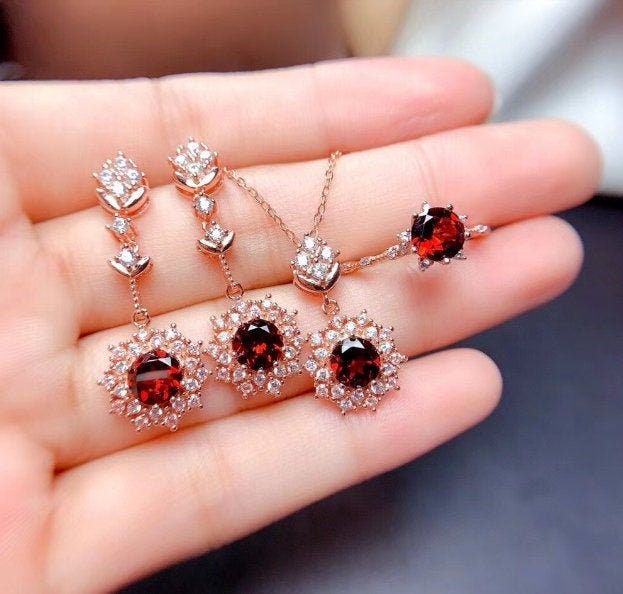 Natural Red Garnet Jewelry Set, Engagement Ring, Red Garnet Jewellery Set, Woman Pendant, Garnet Necklace, Luxury Pendent, Round Cut Stone | Save 33% - Rajasthan Living 13