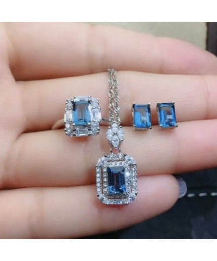 Natural Blue Topaz Jewelry Set, Engagement Ring, Blue Topaz Jewellery Set, Woman Pendant, Topaz Necklace, Luxury Pendant, Emerald Cut Stone | Save 33% - Rajasthan Living