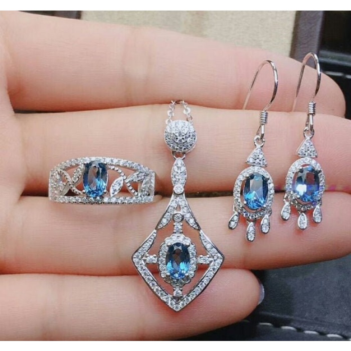 Natural Blue Topaz Jewelry Set, Engagement Ring, Blue Topaz Jewelry Set, Woman Pendant, Topaz Necklace, Luxury Pendant, Oval Cut Stone | Save 33% - Rajasthan Living 6