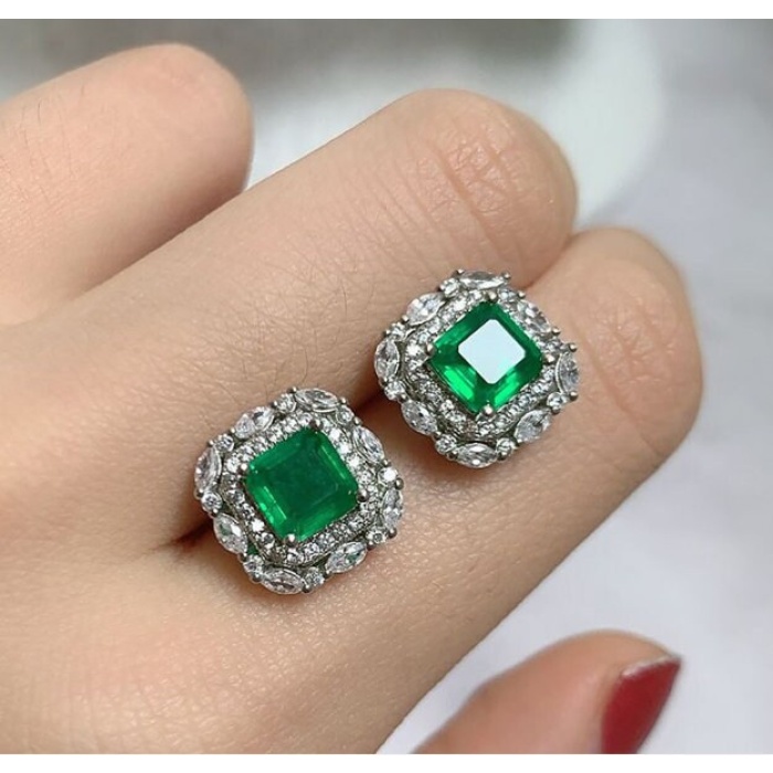 lab Emerald Stud Earrings, 925 Sterling Silver, Emerald Stud Earrings, Emerald Silver Earrings, Luxury Earrings, Asscher cut Stone | Save 33% - Rajasthan Living 8