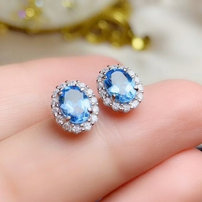 Natural Topaz Studs Earrings, 925 Sterling Silver, Studs Earrings, Earrings, Blue Topaz Earrings, Luxury Earrings, Oval Cut Stone Earrings | Save 33% - Rajasthan Living 9