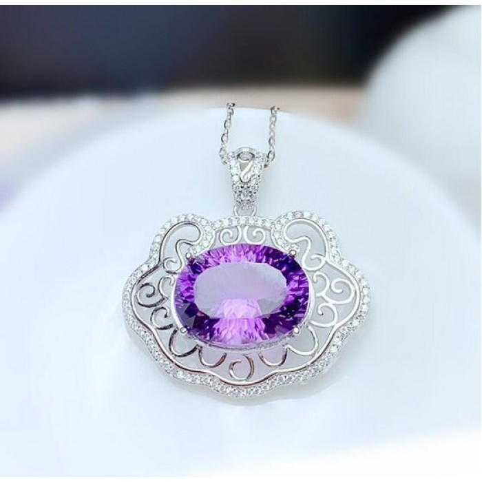 Natural Amethyst Pendant, Engagement Pendent, Silver Amethyst Pendent, Woman Pendant, Pendant Necklace, Luxury Pendent, Oval Cut Stone | Save 33% - Rajasthan Living 7