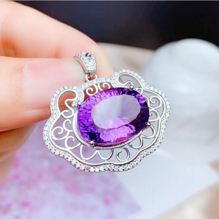 Natural Amethyst Pendant, Engagement Pendent, Silver Amethyst Pendent, Woman Pendant, Pendant Necklace, Luxury Pendent, Oval Cut Stone | Save 33% - Rajasthan Living 10