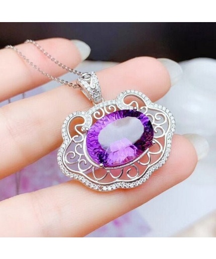 Natural Amethyst Pendant, Engagement Pendent, Silver Amethyst Pendent, Woman Pendant, Pendant Necklace, Luxury Pendent, Oval Cut Stone | Save 33% - Rajasthan Living