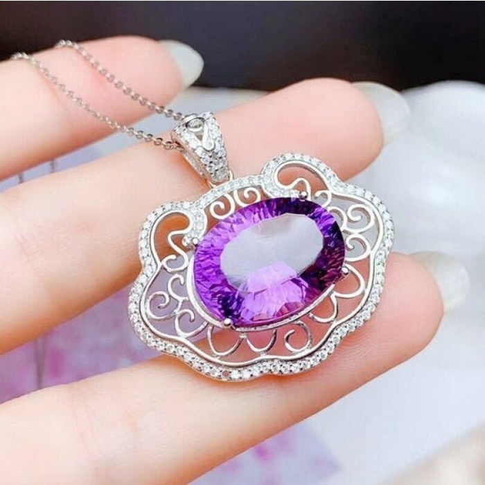 Natural Amethyst Pendant, Engagement Pendent, Silver Amethyst Pendent, Woman Pendant, Pendant Necklace, Luxury Pendent, Oval Cut Stone | Save 33% - Rajasthan Living 5