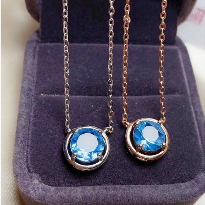 Natural Blue Topaz Pendant, Engagement Blue Topaz Silver Pendant, Woman Pendant, Pendant Necklace, Luxury Pendant, Round Cut Stone Pendant | Save 33% - Rajasthan Living 5